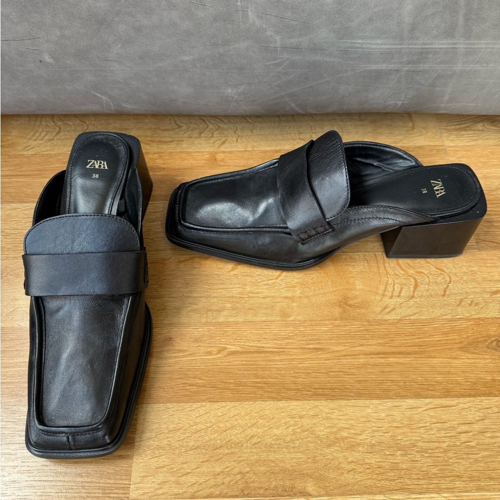 Zara black leather square toe block heel mule 38 7.5
